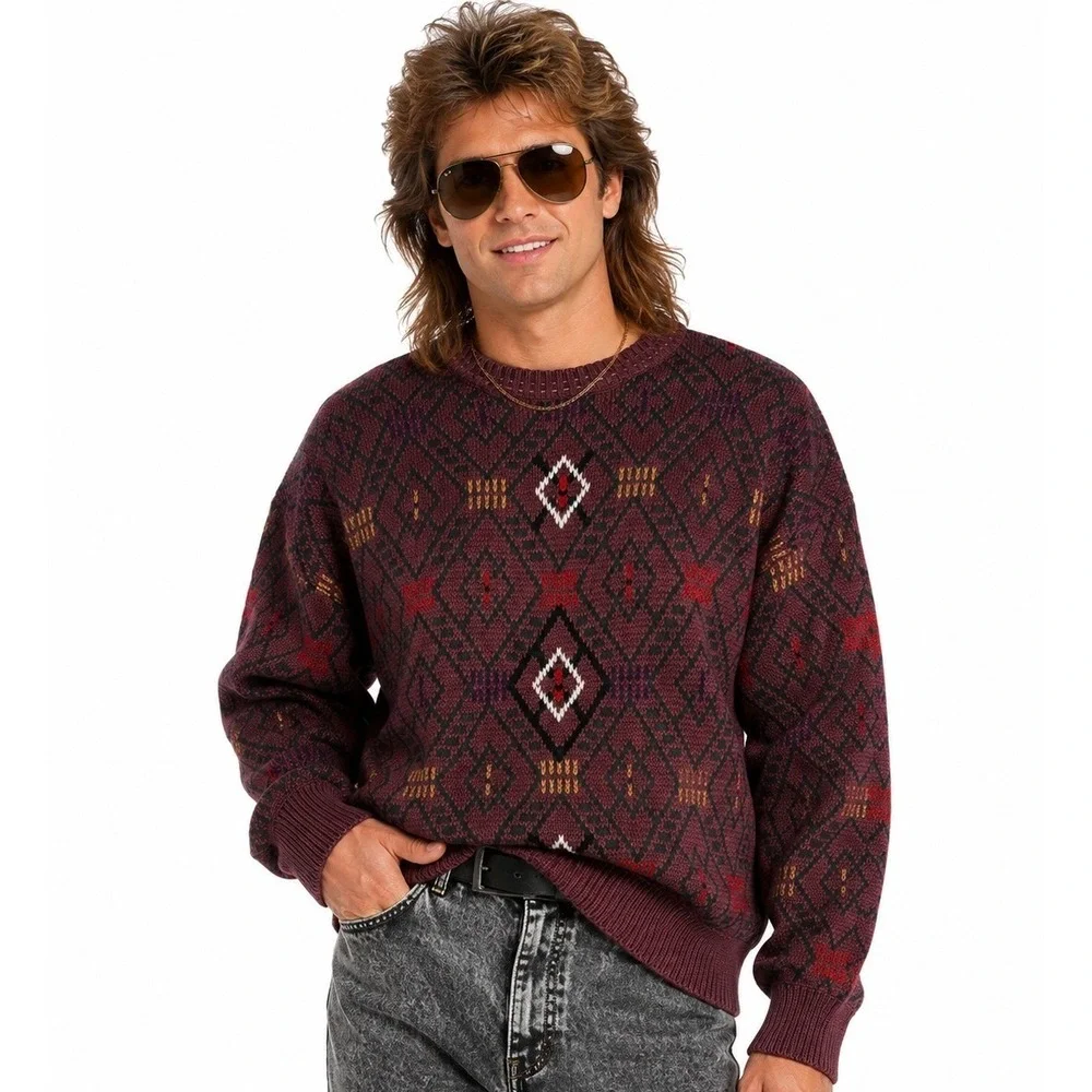 Vintage McGregor Sweater Mens L Burgundy Geometric Diamond Grandpa 80s 90s New